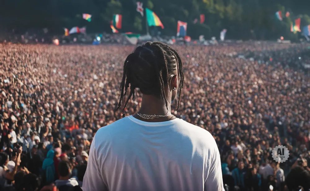 Back view of a person with braided hair in a white t-shirt, facing a large crowd at an outdoor festival with flags.