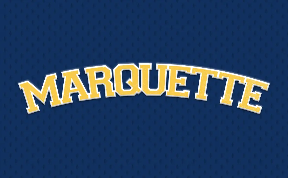 Marquette text in yellow and white, curved over a dark blue background with a subtle diamond pattern.