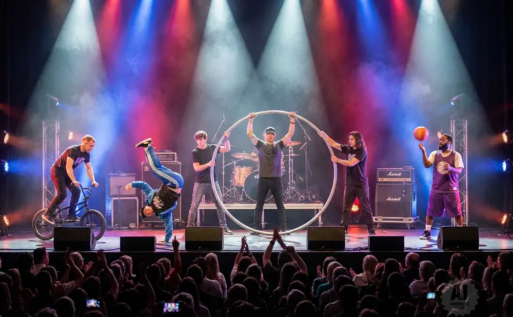 A group of performers on stage with a BMX bike, hoops, and a basketball.