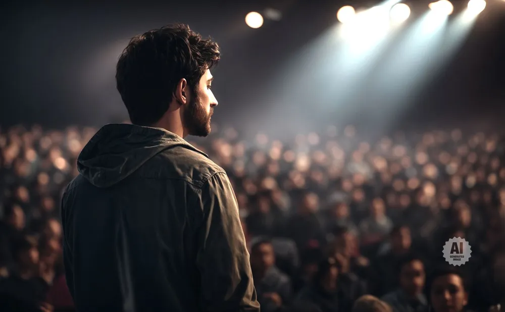 A man in a jacket faces a blurred audience under spotlights.
