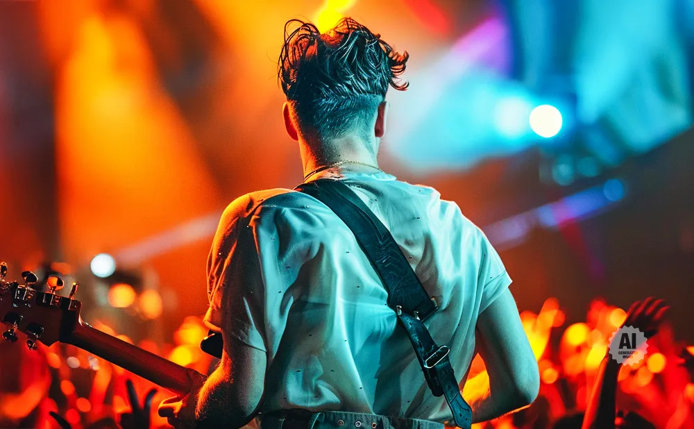 A guitarist plays on stage with a crowd cheering in the foreground, bathed in orange and blue lights.