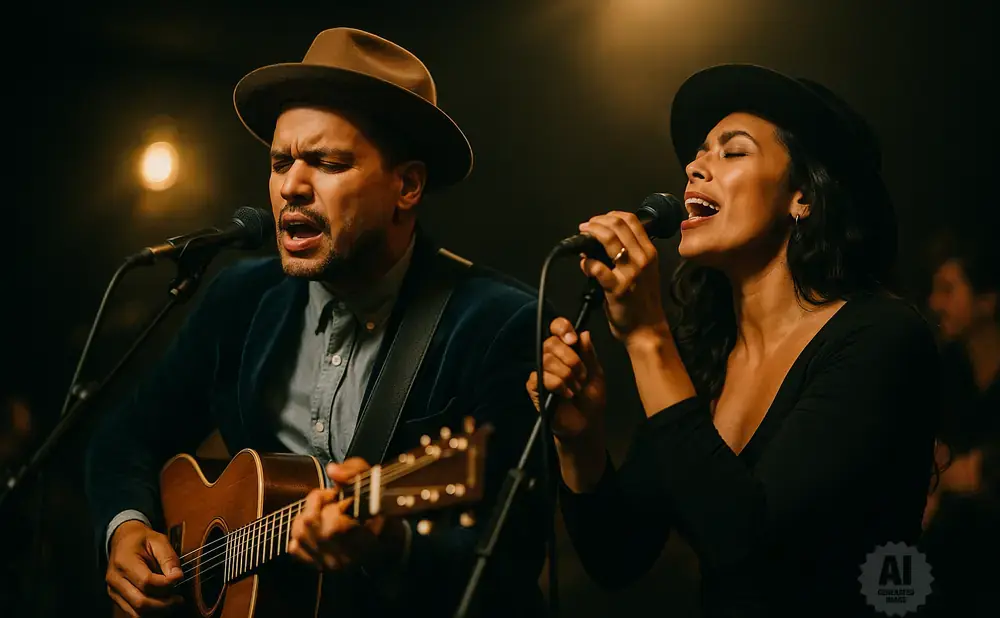 A man with a hat plays guitar and sings into a microphone, while a woman beside him sings into another microphone.
