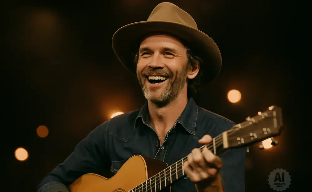 A man in a hat laughs while playing an acoustic guitar.