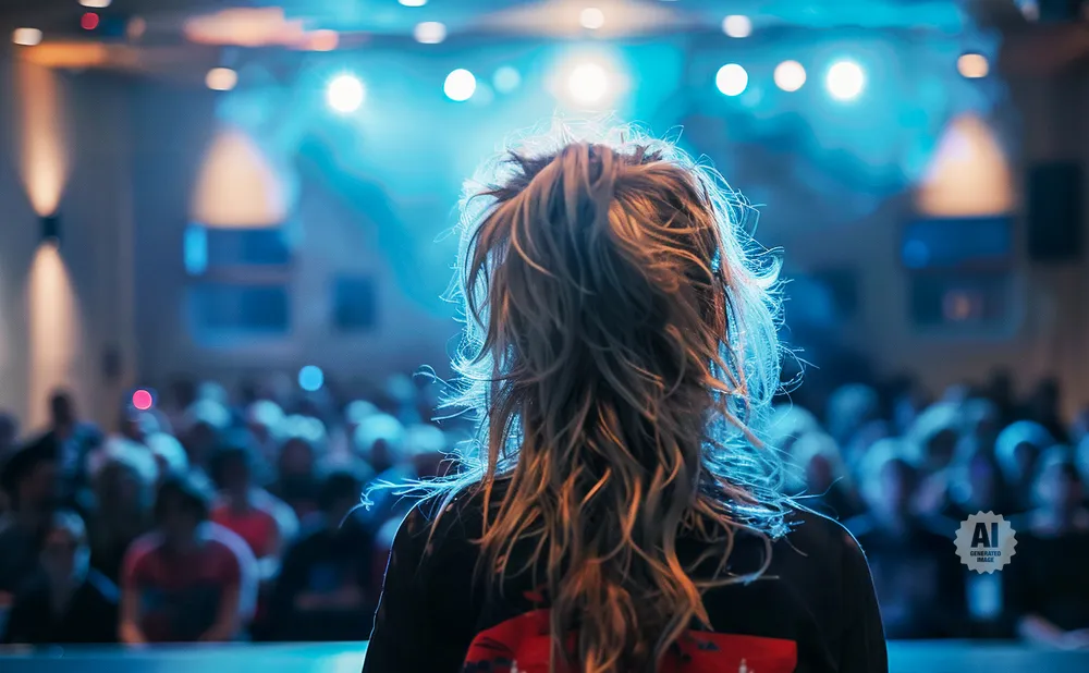 Back of a person with long, wavy hair facing a blurred audience under bright blue stage lights.