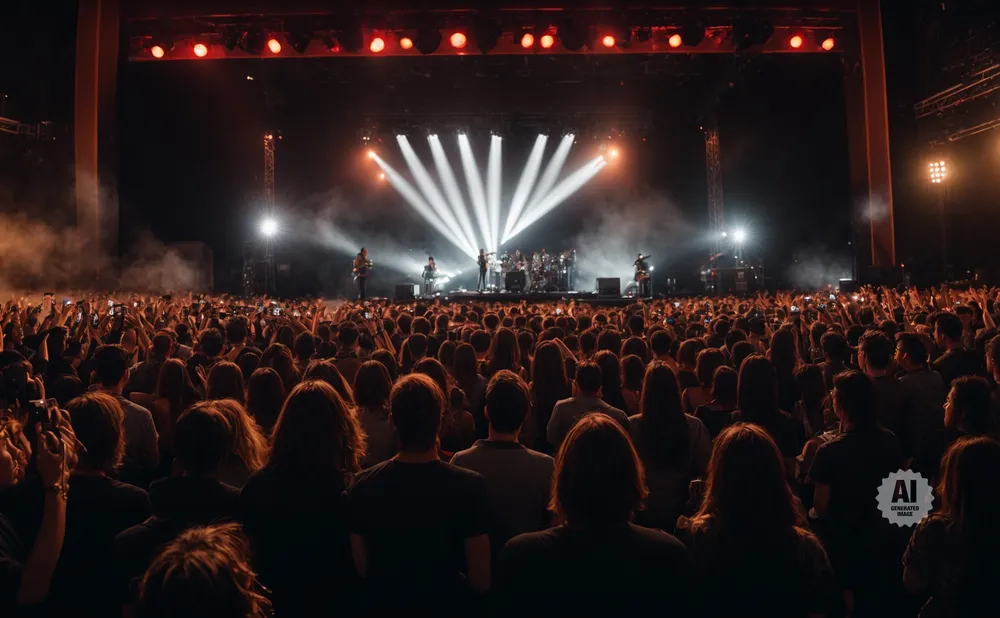 A band performs on a brightly lit stage to a large, enthusiastic crowd holding up their phones.