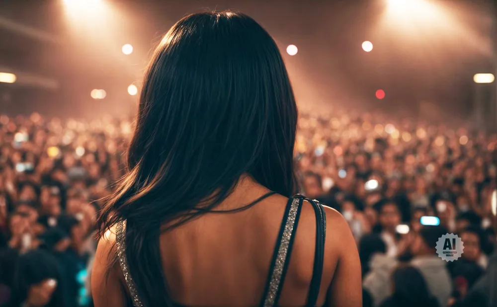 Woman on stage facing a large, blurred audience under stage lights.