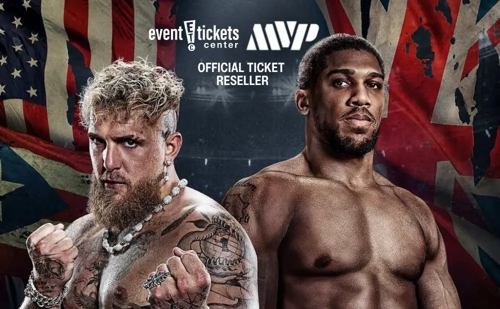 Jake Paul and Anthony Joshua face off, with American and UK flags behind them. Event Tickets Center and MVP logos are visible.