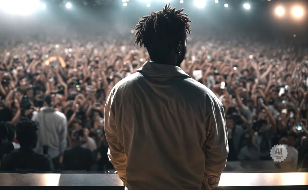 Man with dreadlocks on stage facing a large, cheering crowd with hands raised.