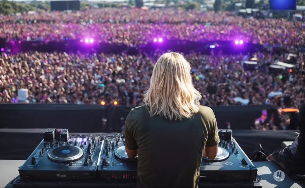 A DJ with long blonde hair plays music for a massive crowd at an outdoor festival.