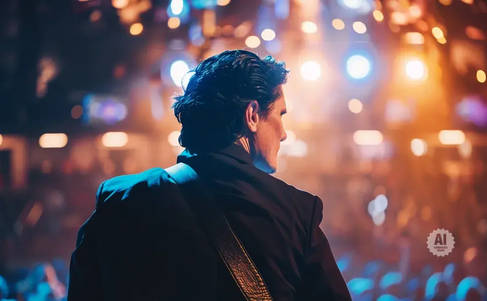 Man in a black suit plays guitar on a stage with bright lights and a blurred audience.