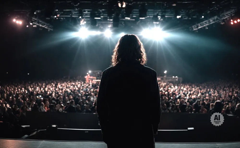 A person with long hair stands on a stage facing a large, brightly lit audience in a dark venue.