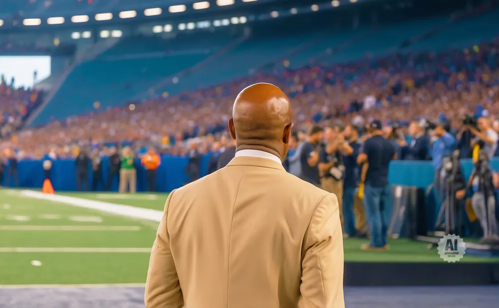 A bald man in a tan suit stands facing a stadium crowd and football field.