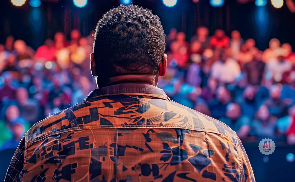 Man in patterned shirt seen from behind, facing a blurred audience with stage lights above.