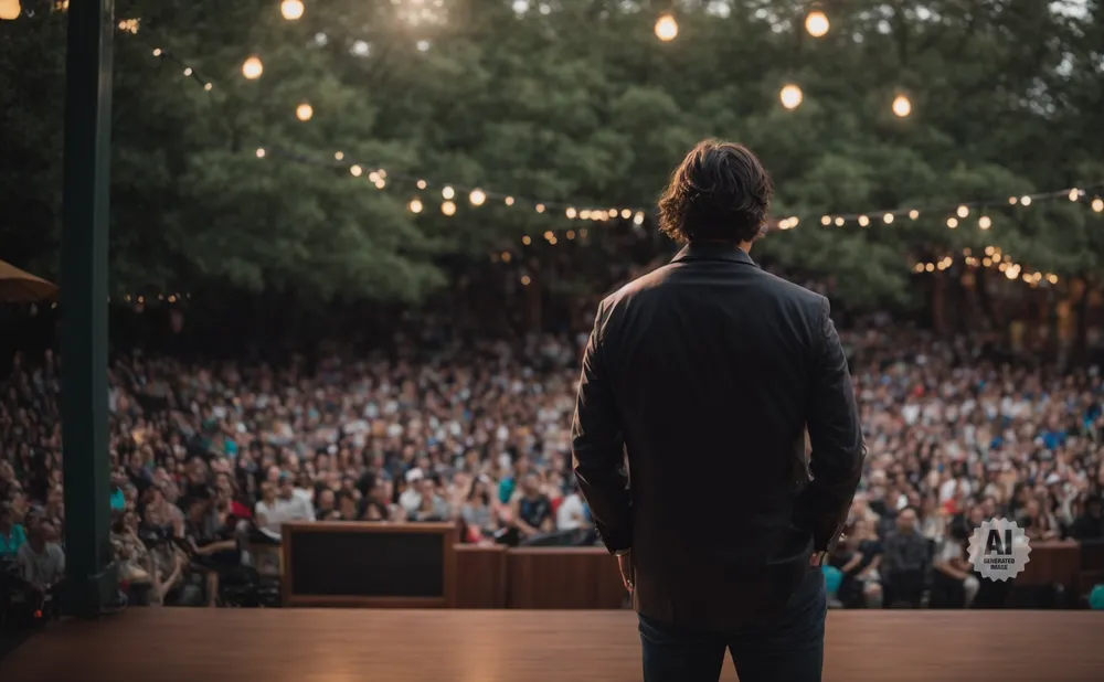 A man in a dark jacket stands on a stage, facing a large, seated audience outdoors at night, with string lights overhead.
