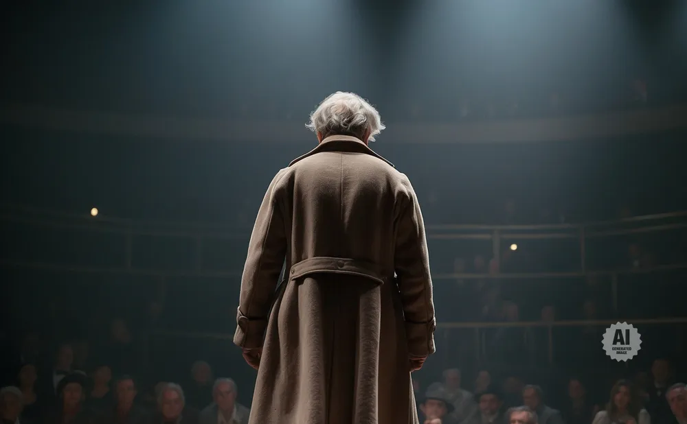 Man in a trench coat facing away from camera, illuminated by a spotlight on stage with an audience in the background.
