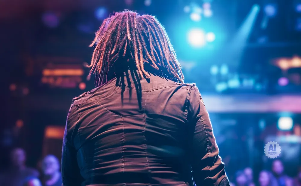 A person with dreadlocks stands facing away from the camera, illuminated by blue stage lights.