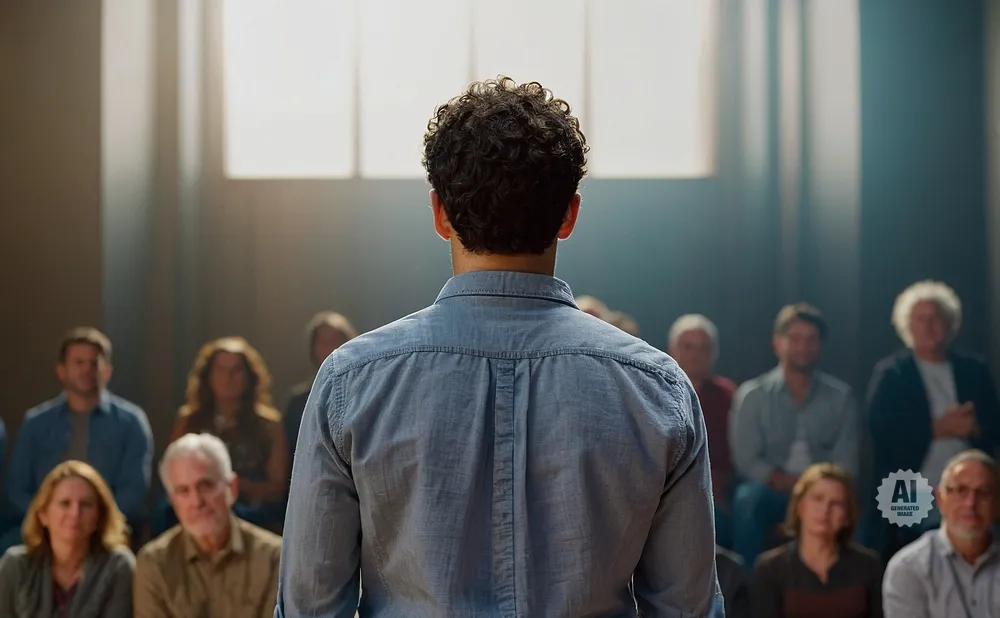 A man in a blue shirt speaks to an audience in a dimly lit room.