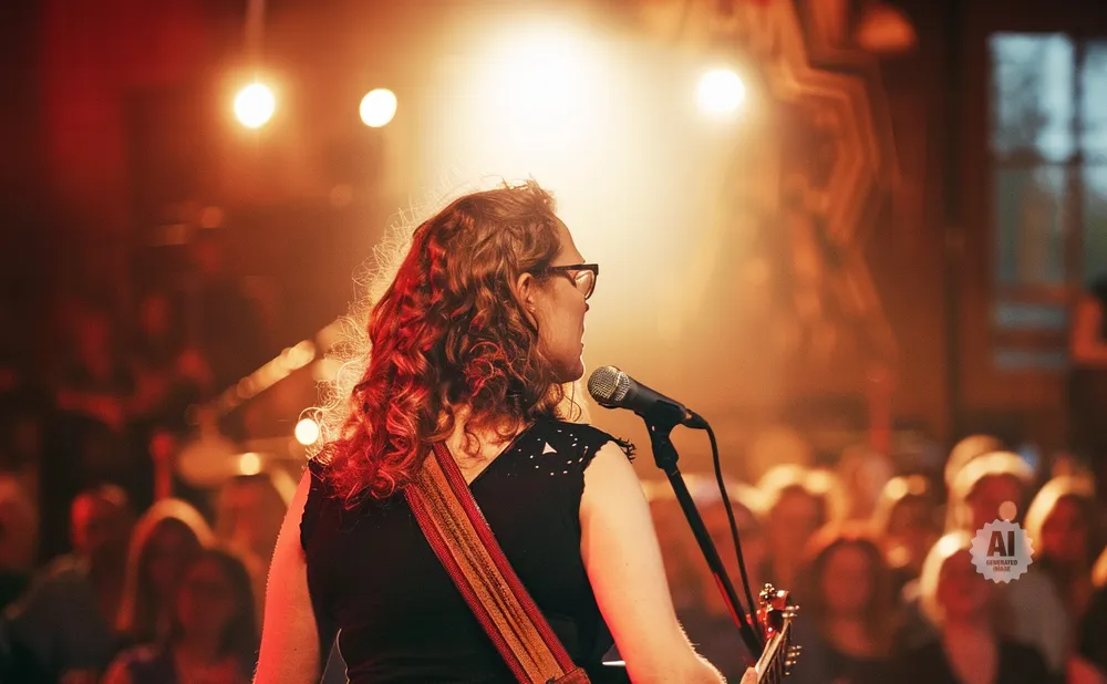 Singer performing on stage with a microphone and guitar, bathed in warm stage lights.