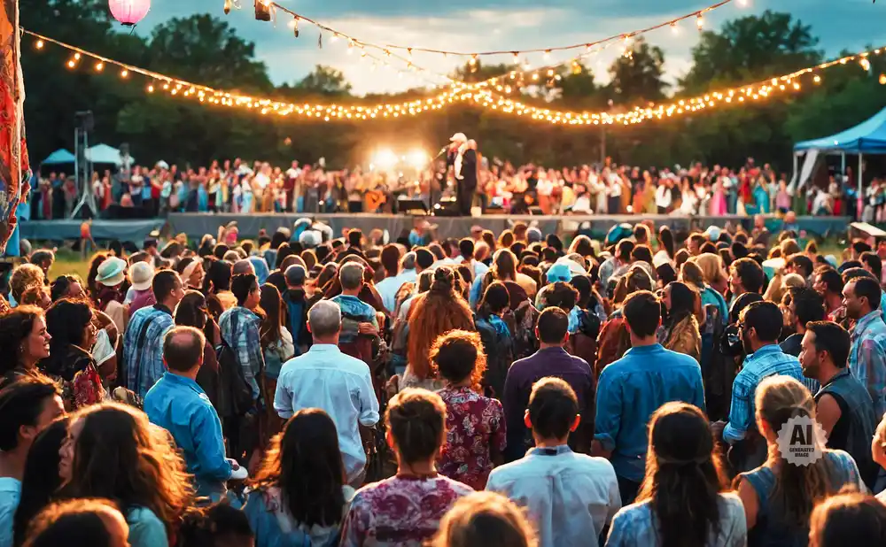 A crowd watches a band on a stage at an outdoor festival with string lights overhead.