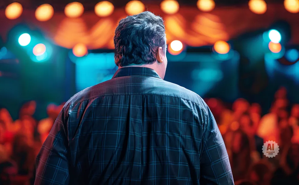 Back of a person in a plaid shirt facing a blurred crowd with stage lights.