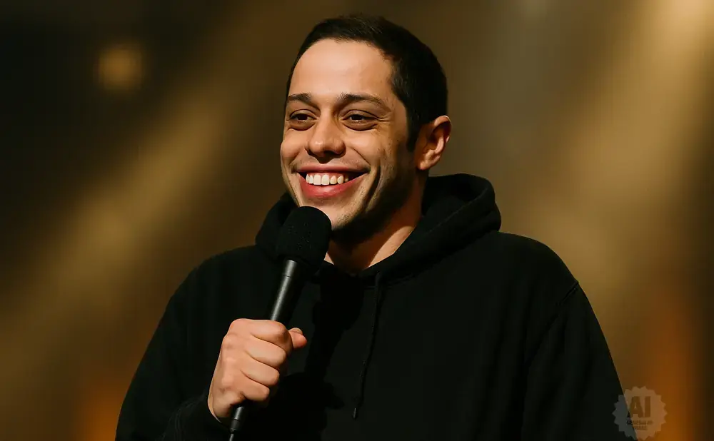 Pete Davidson smiles and holds a microphone, wearing a black hoodie against a blurred, warm-toned background.