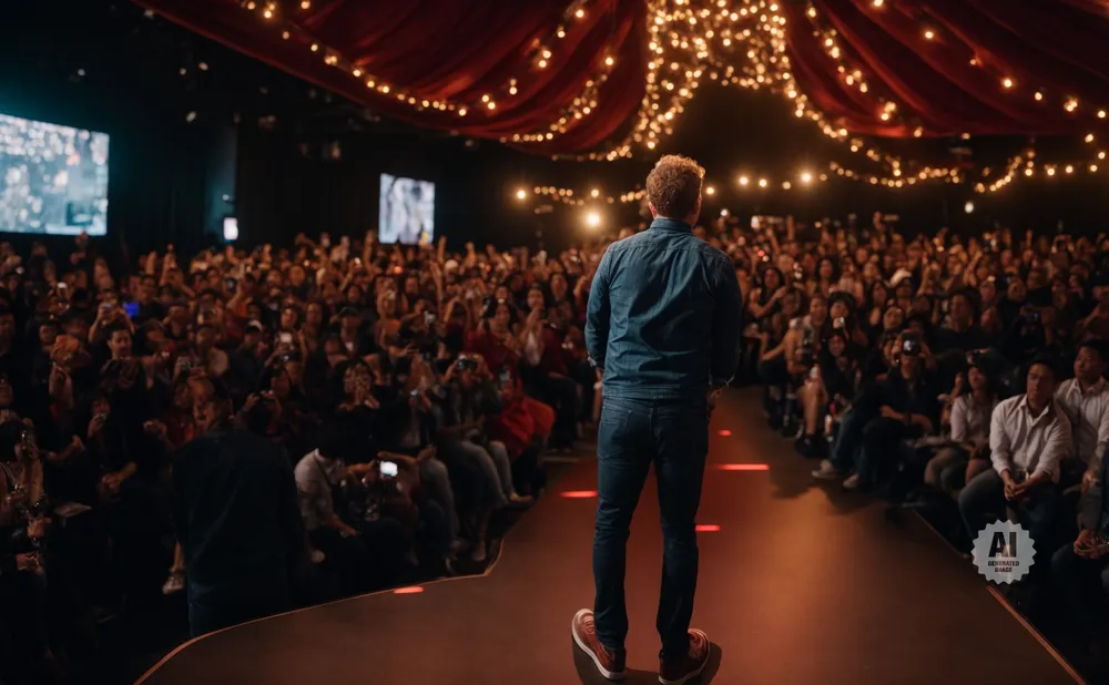 Man on stage addresses large, enthusiastic audience in dimly lit venue with decorative lights overhead.