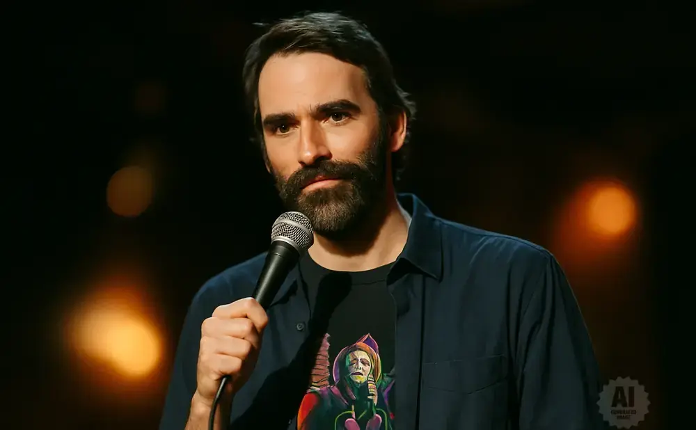 A man with a beard holds a microphone and wears a dark shirt with a colorful graphic.