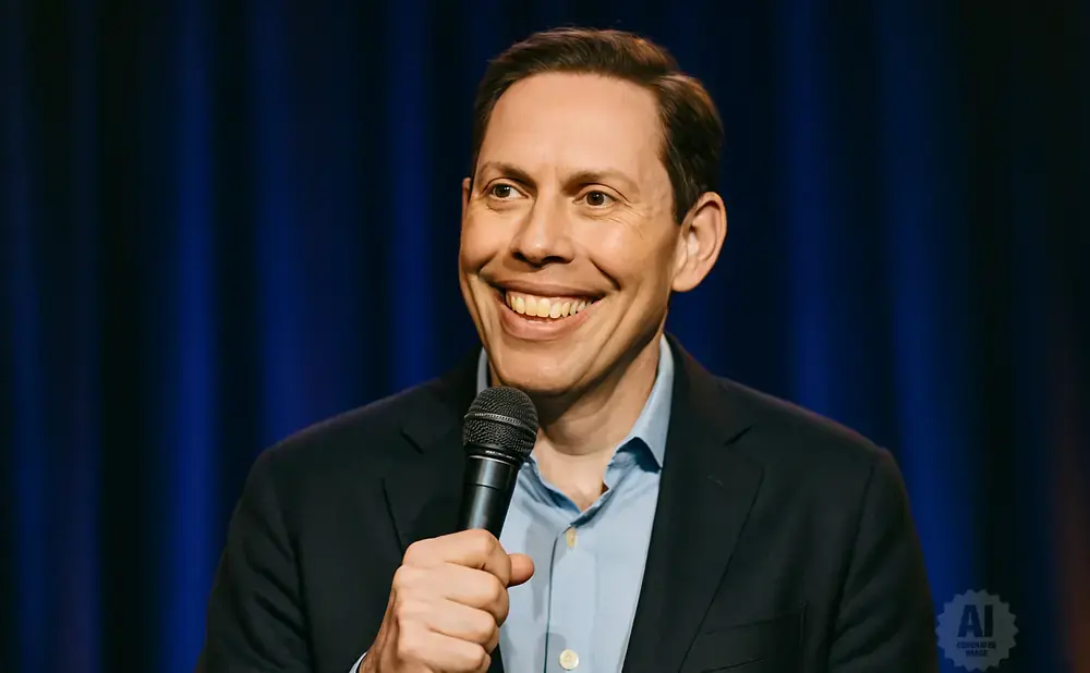 A man in a suit and blue shirt smiles widely while holding a microphone.