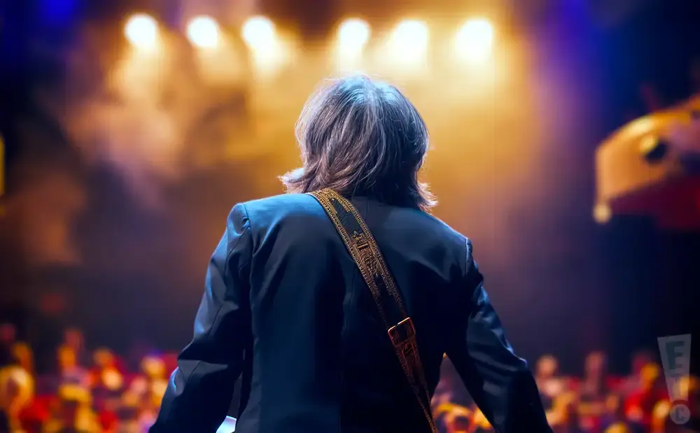A musician from behind, wearing a suit and guitar strap, performs on a brightly lit stage.