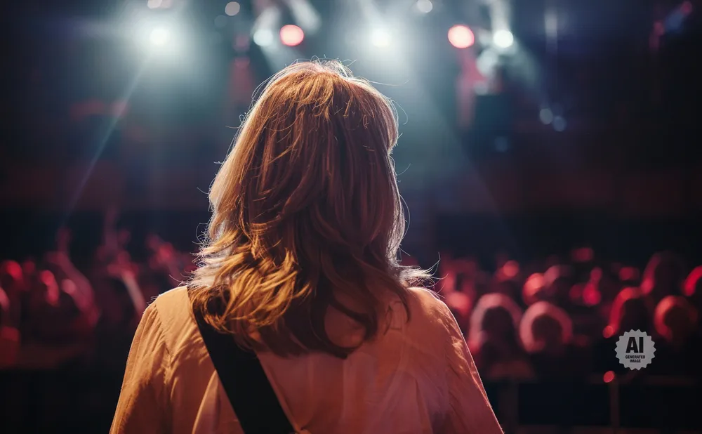 Back of a person with long, light brown hair performing on stage with bright lights and a blurred audience.