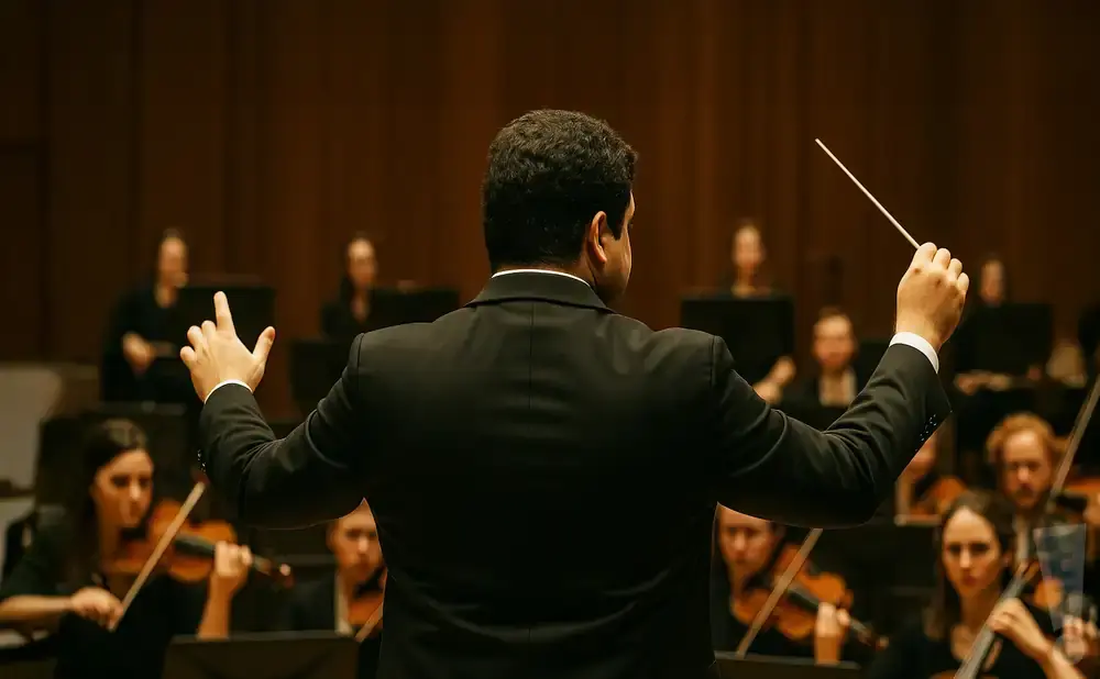 A conductor leads an orchestra, gesturing with a baton and hand.