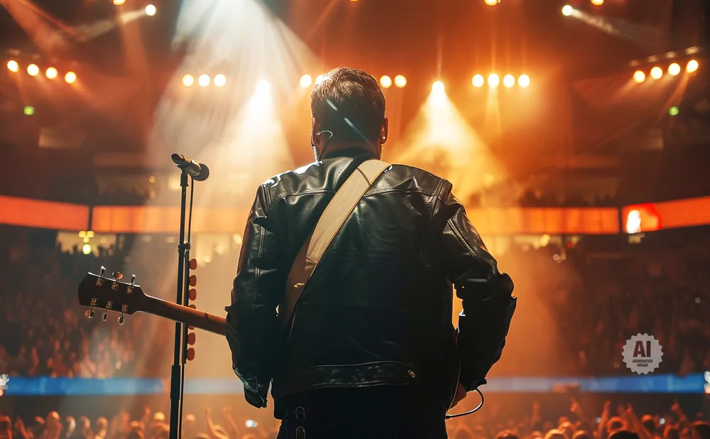Guitarist in a leather jacket on stage with a guitar and microphone, facing a cheering crowd.
