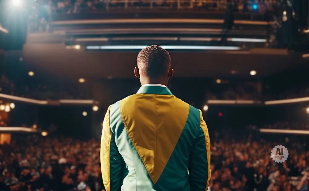 Man in a gold and green suit stands with his back to the camera facing a large audience in a theater.
