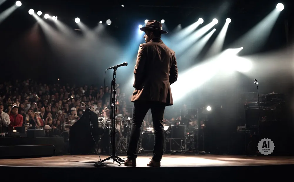 A man in a hat and suit stands on a stage facing a crowd, with a microphone in front of him.
