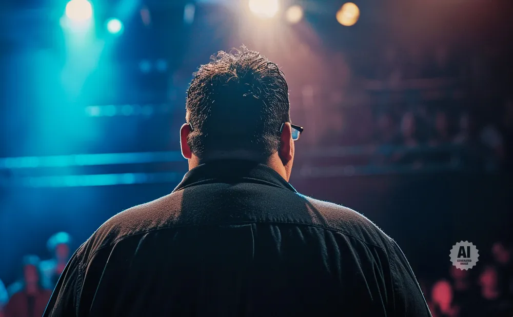 Man facing away from camera on stage, lit by spotlights with blurred audience in background.
