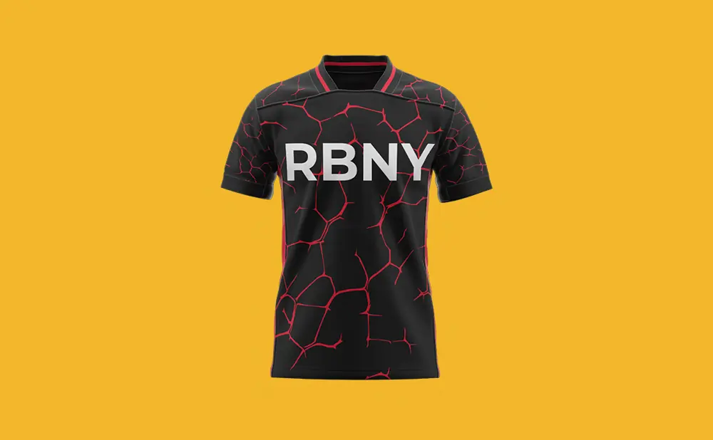 Black jersey with red crackle pattern and white 