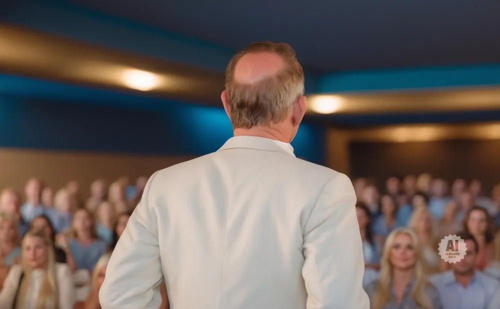 Man in a light suit facing an audience in a theater with blue and tan accents.