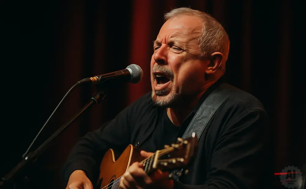 Man singing and playing guitar into a microphone.