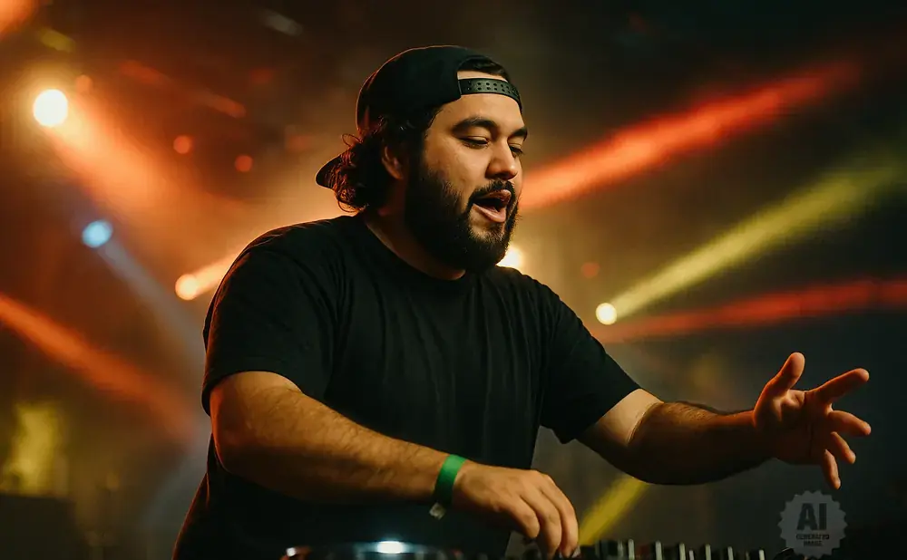 DJ with beard and black cap at a console, with stage lights in the background.