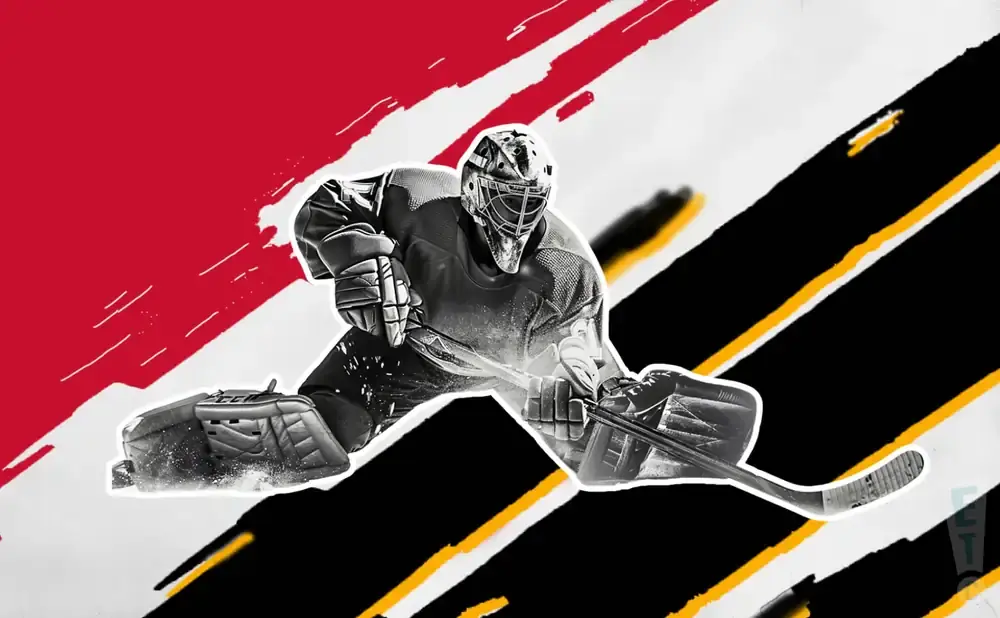 A hockey goalie in full gear lunges to block a shot on a graphic background with red, black, and yellow diagonal stripes.