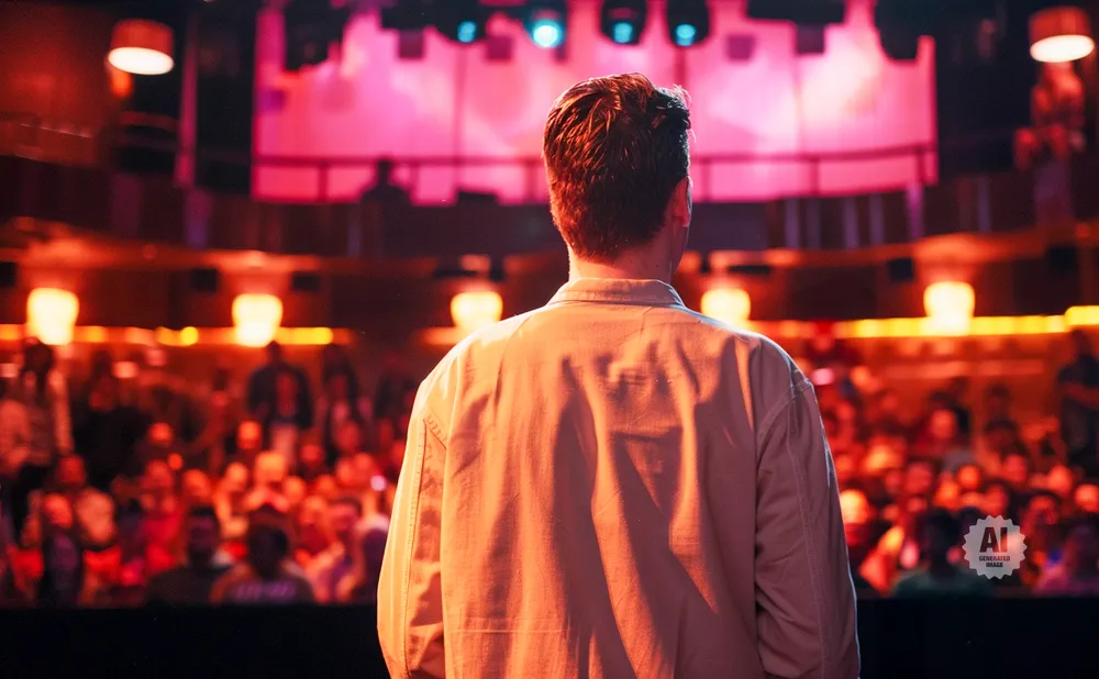 Man in a light-colored jacket on stage facing a blurred audience under red and blue lights.