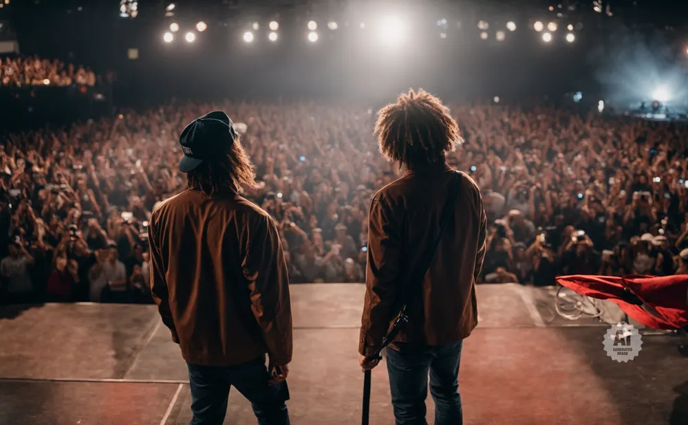 Two musicians stand on a stage, facing a large, cheering crowd.