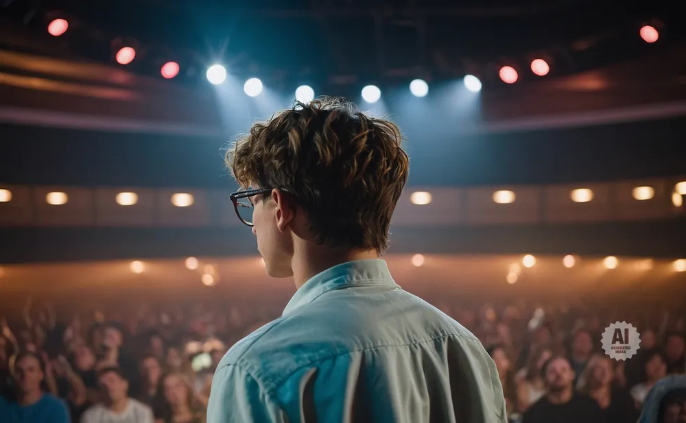 A young man with curly hair and glasses stands on a stage, facing a cheering crowd.