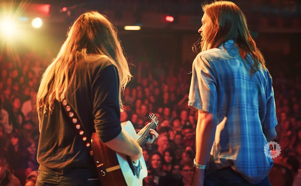 Two men with long hair perform with guitars on stage to a cheering crowd.
