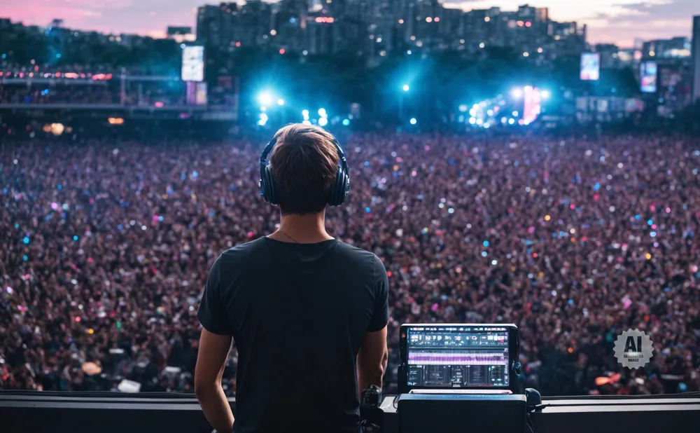 DJ with headphones plays for a massive, illuminated crowd at a festival.