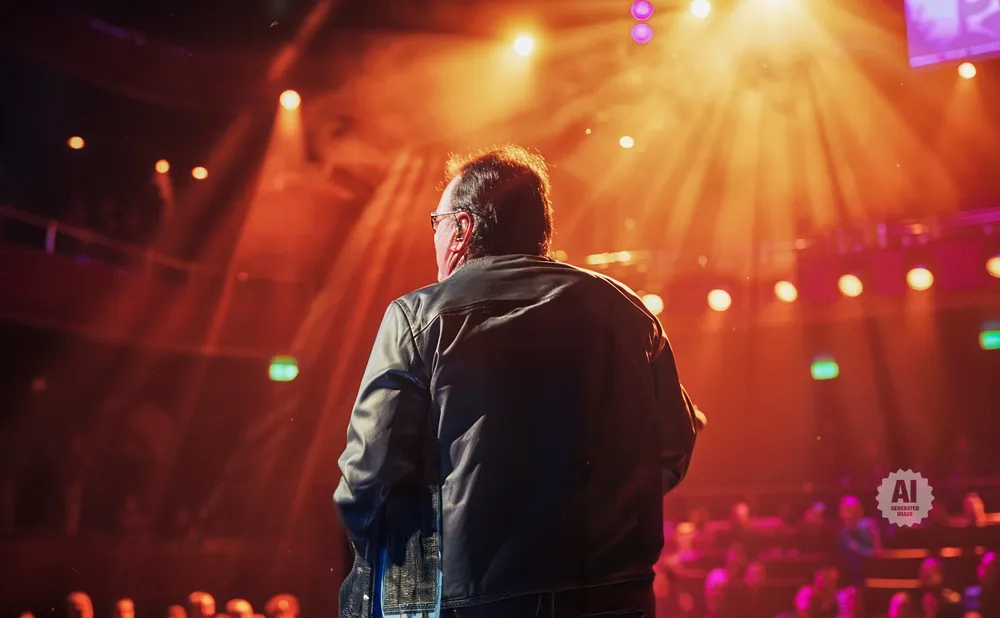 Man in leather jacket on stage bathed in warm spotlights.