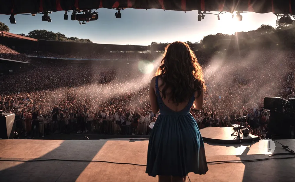 Singer in blue dress on stage facing large, cheering stadium crowd at sunset.
