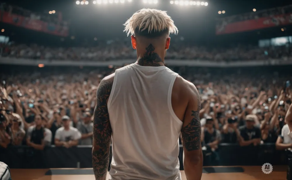 Man with blonde spiked hair and tattoos on his back and arms stands on stage facing a large cheering crowd.