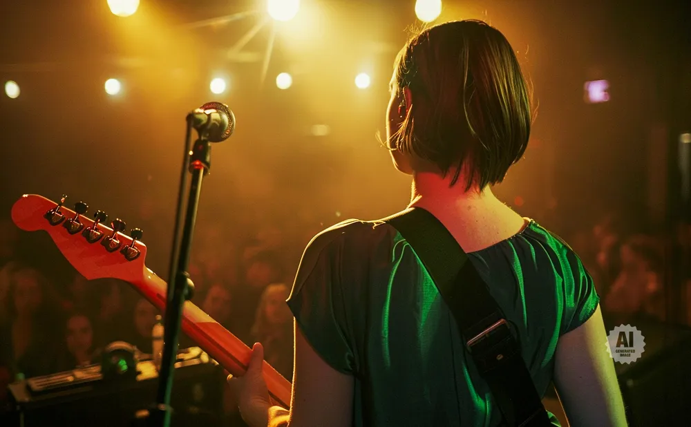 Woman with a guitar and microphone on stage with bright stage lights and audience.