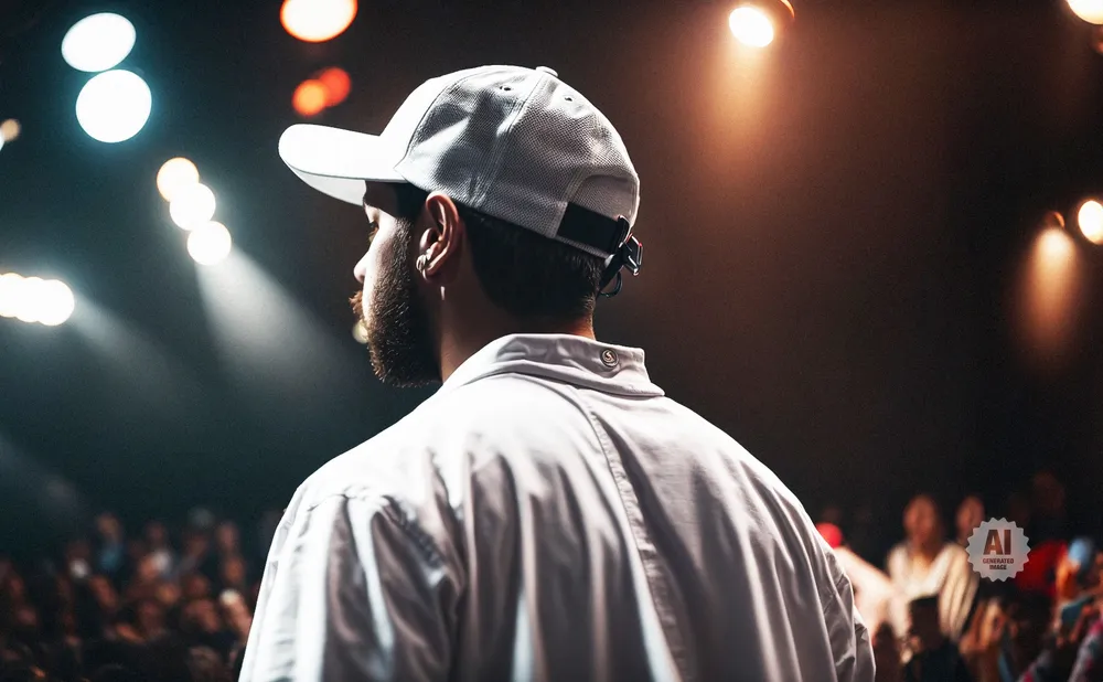 Man in a white cap and shirt facing away from the camera, performing for a crowd under stage lights.